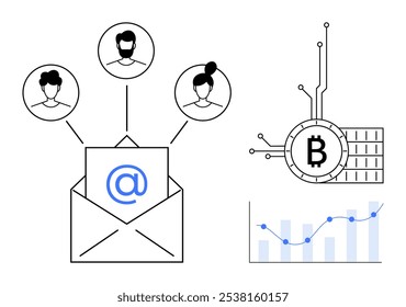 Sobre con símbolo de correo electrónico conectado a tres iconos de usuario. Símbolo de criptomoneda con líneas de circuito. Gráfico con línea azul y barras. Ideal para comunicación digital, criptomonedas, análisis de datos