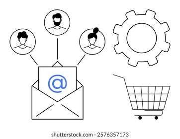 Envelope with email symbol connected to user icons, a gear, and a shopping cart. Ideal for email marketing, digital communication, e-commerce, user connectivity, and technical optimization themes