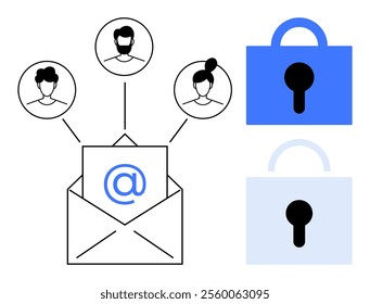 An envelope with an email symbol and three user icons connected to it. Two padlocks are shown symbolizing security. Ideal for email security, communication, user connections, privacy, and online