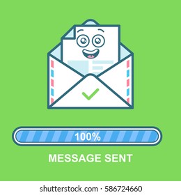 Envelope emoticon. Flat illustration email character design with progress bar. Process of email sending. Text message sent.