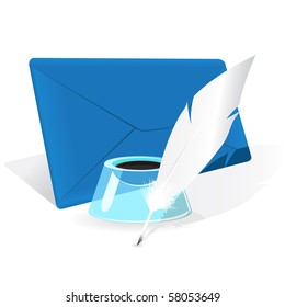 envelope, feather and inkwell