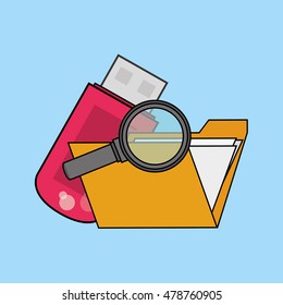 envelope or file folder with usb drive and magnifying glass icon