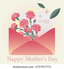 An envelope filled with blooming carnations and a heartfelt Mother's Day card