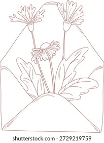 Envelope preenchido com flores e folhas margaridas, desenho de contorno delicado com hachura fina. Símbolo de nota de amor, saudação, romance e mensagem de gratidão. Ilustração de vetor de desenhos animados.