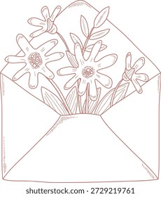 Envelope repleto de flores e folhas margaridas, desenhadas à mão com linhas de escotilha finas e detalhes delicados. Símbolo de amor, gratidão, saudação e celebração. Ilustração de vetor de desenhos animados.