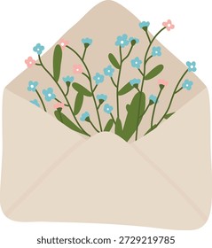 Envelope filled with delicate wildflower sprigs and leaves, arranged in a tidy composition. Symbol of love, greeting, romance, and message delivery. Cartoon vector illustration.