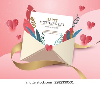 Envelope filled with various flowers with text Happy Mothers Day. Flat lay. Love the concept.