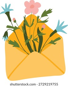 Envelope preenchido com caules e botões de flores silvestres, folhas espiando de um flape aberto em um visual de desenho animado limpo. Símbolo de amor, saudação, gratidão e celebração. Ilustração de vetor de desenhos animados.
