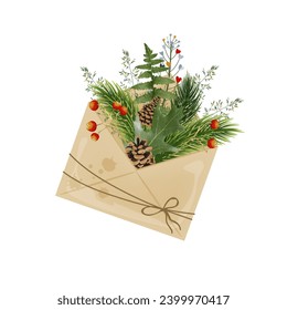 
Envelope with fir branches and cones. Isolate vector