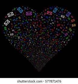 Envelope fireworks with heart shape. Vector illustration style is flat bright multicolored iconic symbols on a black background. Object valentine heart done from random icons.