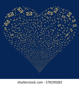 Envelope fireworks with heart shape. Vector illustration style is flat yellow iconic symbols on a blue background. Object love heart constructed from scattered icons.