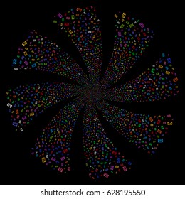 Envelope fireworks swirl rotation. Vector illustration style is flat bright multicolored iconic symbols on a black background. Object whirlpool done from random pictographs.