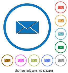 Envelope flat color vector icons with shadows in round outlines on white background