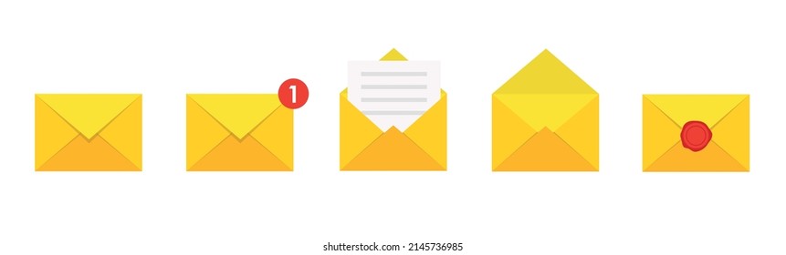 Envelope flat vector icon set. Document enclosed in envelope, closed and open envelope with message. Email, emailing, message, letter, sms. New message, draft. 10EPS.