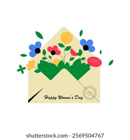 Envelope With Floral Arrangement And Womens Day Greeting In Flat Vector Illustration Symbolizing Appreciation, Celebration, And Festive Spirit, Isolated On White Background