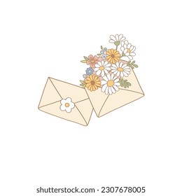  Envelope with floral bouquet vector illustration. Flower Power aesthetic design element for planner, sticker, scrapbook, poster, card , pattern, tee shirt