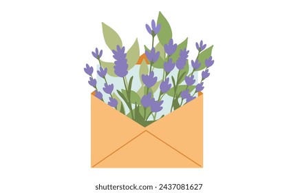 Envelope with floral bouquet vector illustration. Flower Power aesthetic design element for planner, sticker, scrapbook, poster, card , pattern, tee shirt. Flat cartoon style isolate on white.