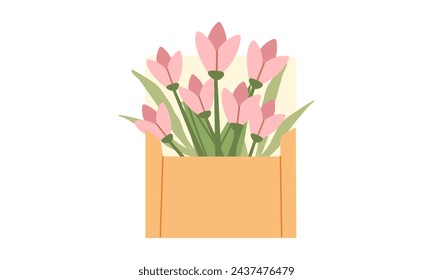 Envelope with floral bouquet vector illustration. Flower Power aesthetic design element for planner, sticker, scrapbook, poster, card , pattern, tee shirt. Flat cartoon style isolate on white.