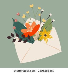 Envelope with floral elements. Vector illustrations for beauty, fashion, natural and organic products, spa and wellness, wedding and events, environment