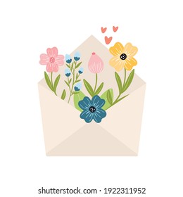 Envelope with flower bouquet. Cartoon style springtime vector hand drawn illustration. Design element. Blossom, hearts, leaves and flowers. 