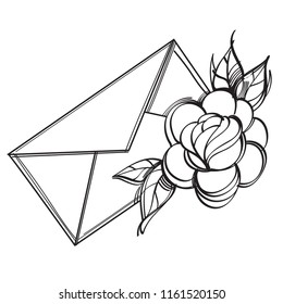Envelope, flower illustration for coloring. Template for tattoo.