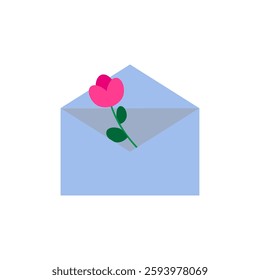 Envelope with flower. Romantic letter icon. Love message symbol. Blue paper mail.