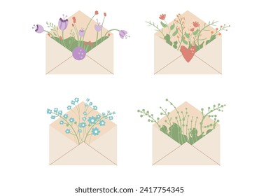 Envelope with flowers bouquet set. Spring elements set isolated on white background. Vector flat illustration.