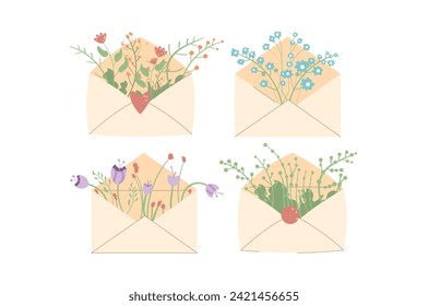 Sobre con ramo de flores. Los elementos de primavera se establecen aislados en el fondo blanco. Ilustración plana vectorial.
