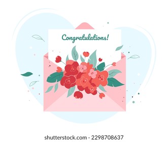 Envelope with flowers and card with greeting. Happy Mother's Day. Teacher's Day. Vector illustration for banner, cover, poster, greeting message, card