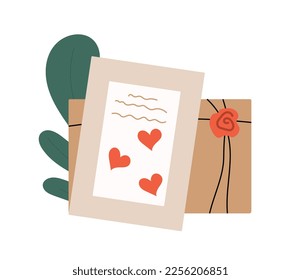 Envelope with flowers. Cardboard paper with hearts and threads. Postcard wth postmark, letter. Romantic correspondence, distance communication. Cartoon flat vector illustration