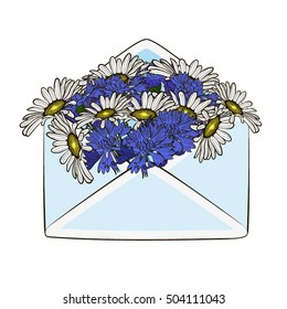 Envelope with flowers daisies and cornflowers