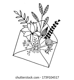Envelope with flowers and floral drawn in hand, can be used for cards and stickers. Drawing on a white background.
