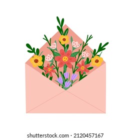 Envelope with flowers. Floral mail. Vector Illustration for printing, backgrounds, covers, packaging, greeting cards, posters, stickers, textile and seasonal design. Isolated on white background.
