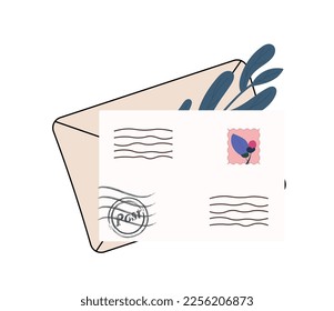 Envelope with flowers. Gift or surprise, express mail. International communication and interaction. Postage stamp on white paper. Romance and love. Cartoon flat vector illustration