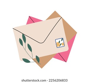 Sobre con flores. Regalo y sorpresa. Afiche o cartel para el sitio web. Carta escrita a mano, sobre con sello postal, correo y correspondencia. Dibujo vectorial plano de dibujos animados