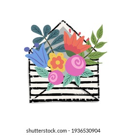Envelope with flowers. Hand-drawn colored striped envelope with bouquet of spring flowers. Vector illustration isolated on white. Flat design.
