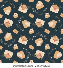 Envelope with flowers and heart shapes seamless pattern. Message, letter, email endless background. Love symbols repeat cover. Romantic memory loop ornament. Vector flat illustration.