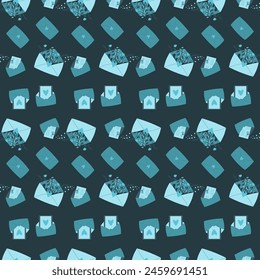 Envelope with flowers and heart shapes seamless pattern. Message, letter blue monochrome endless background. Vector flat illustration.