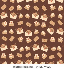 Envelope with flowers and heart shapes seamless pattern. Message, kind letter, endless background. Love symbols repeat cover. Romantic memory loop ornament. Vector flat illustration.