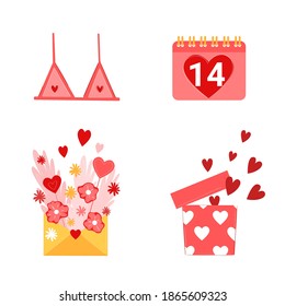Envelope with flowers and hearts, a bra, a calendar with the number 14 and a gift box with hearts. Valentines day elements. Romantic Design for lovers. Vector stock illustration