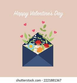 An envelope with flowers and hearts. Happy Valentine's day text.