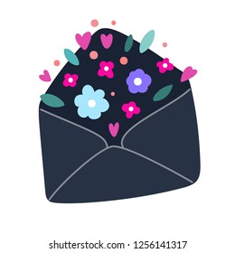 Envelope with flowers and hearts. Vector illustration. Elements are also suitable for greeting cards, invitations, posters, T-shirt design, fabric, clothes printing.