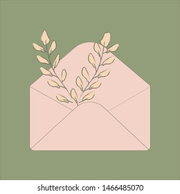 Sobre con flores, ilustración, vector sobre fondo blanco.