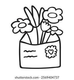 Envelope with flowers inside. Outline icon. Doodle design for greeting card. Vector illustration on white background.