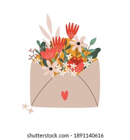 Envelope with flowers and leaves. Cute hand drawn vector colorful funny cartoon style illustration. 