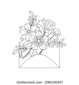 An envelope with flowers, leaves and twigs on a white background. Anti-stress coloring book for children and adults.