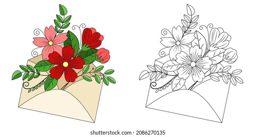 An envelope with flowers, leaves and twigs on a white background. Anti-stress coloring book for children and adults.