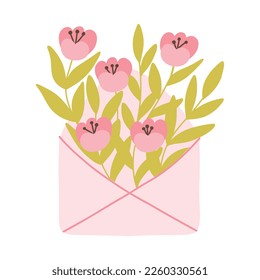 Umschlag mit Blumen. Brief mit blühenden Blumen. Frühlingsgrafik mit Blumen und Blättern. Bouquet mit Frühlingsblumen. Vektorgrafik. Flacher handgezeichneter Stil.