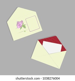 Envelope with flowers on front side and blank note inside. Vector illustration