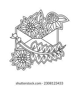 An envelope with flowers and plants. Coloring book page. Hand-drawn vector black and white illustration